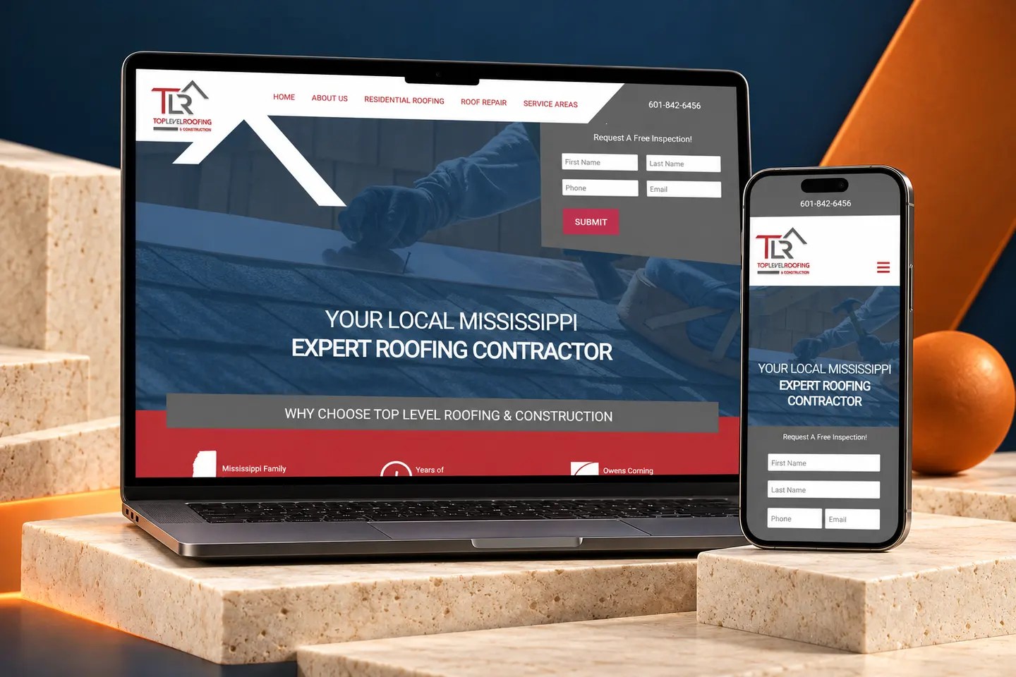 Current toplevelroofingms.com website shown on a laptop and phone in a Nuzu portfolio graphic.