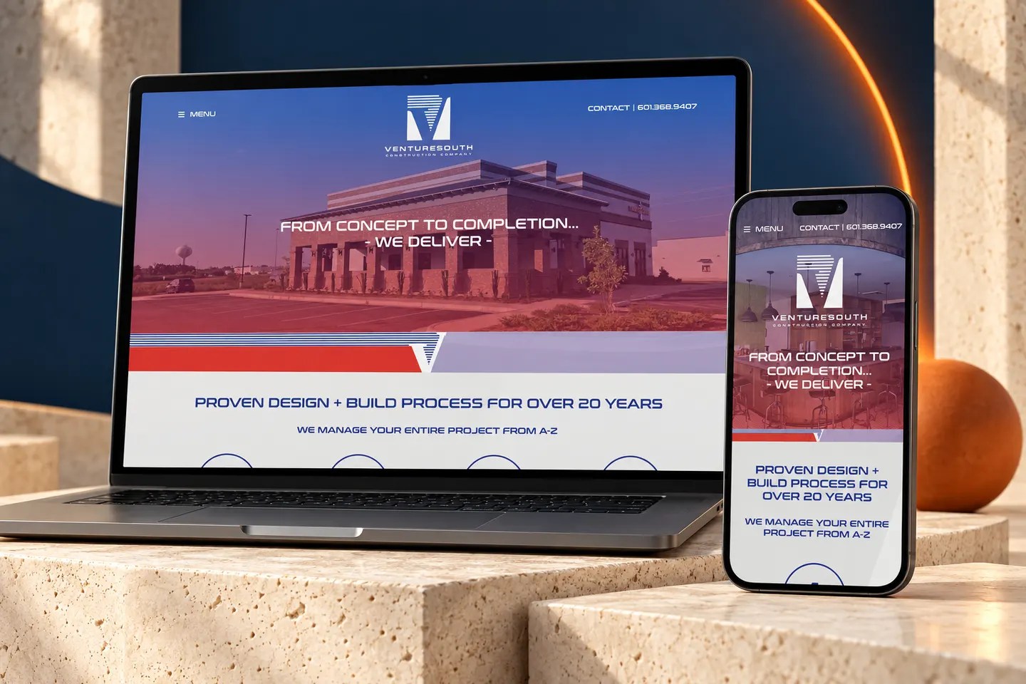 Current venture-south.com website shown on a laptop and phone in a Nuzu portfolio graphic.