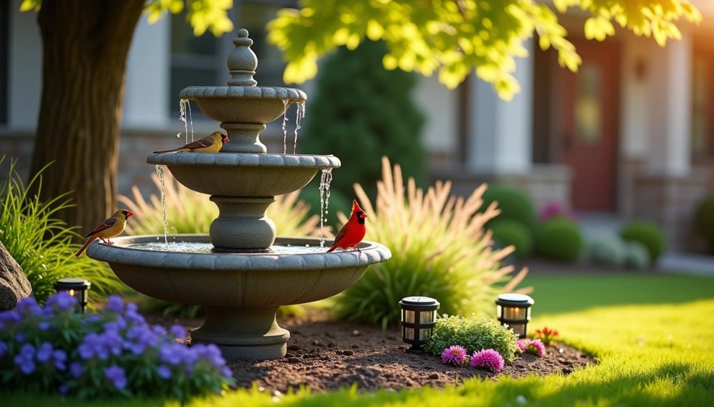 Birds on garden water fountain