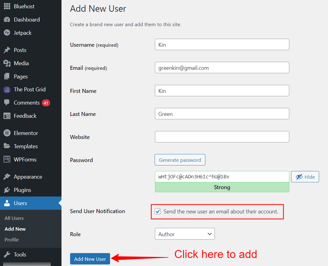 list of the details such as email, username, first name and author name that you can add in the form