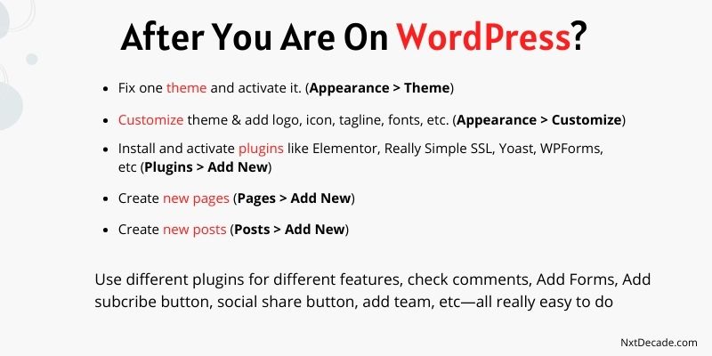 options to use wordpress like theme, customize, plugins, users, settings, etc