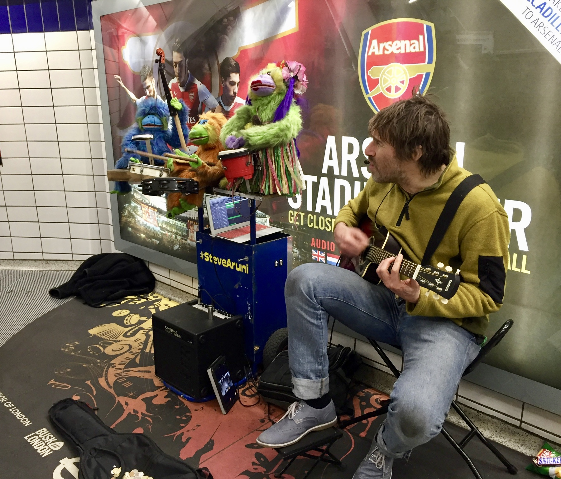 The muppets making music on the underground at Leicester Square.