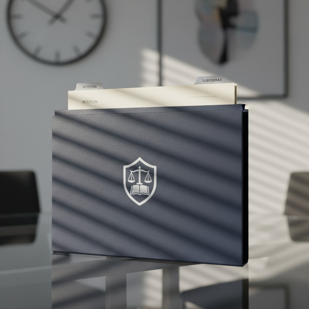 A gray paper file folder with a white logo featuring the image of scales of justice, along with two file tabs that are whi...