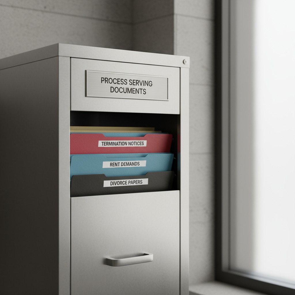 Grey metal filing cabinet with files labeled "Termination Notices", "Rent Demands", and "Divorce Papers", and a sign above...