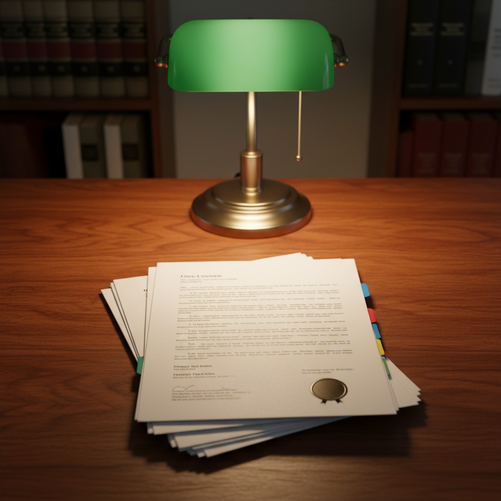 A brass desk lamp illuminates a stack of documents on a wooden desk.