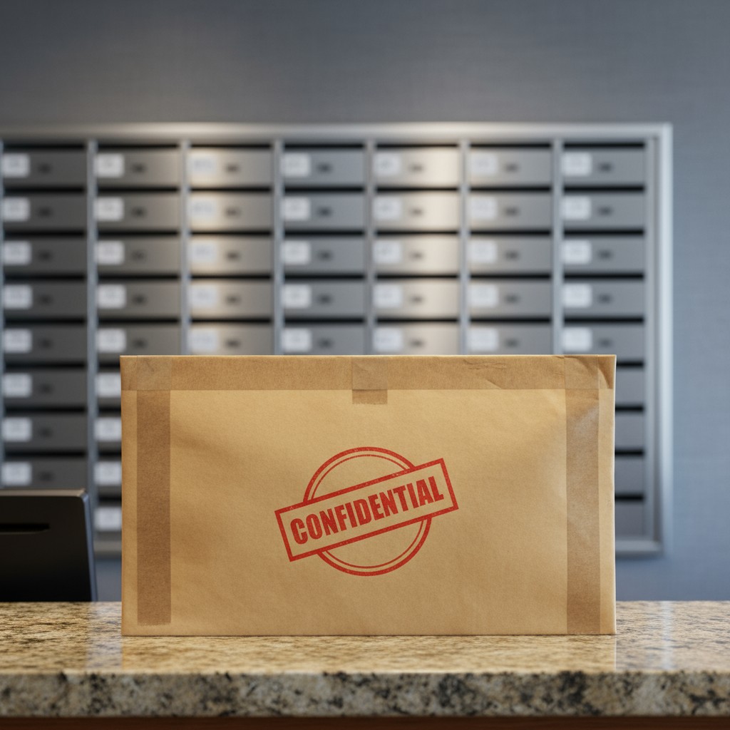 A large brown envelope with a red 'Confidential' stamp sits on a counter in front of a wall of gray and white post boxes. ...