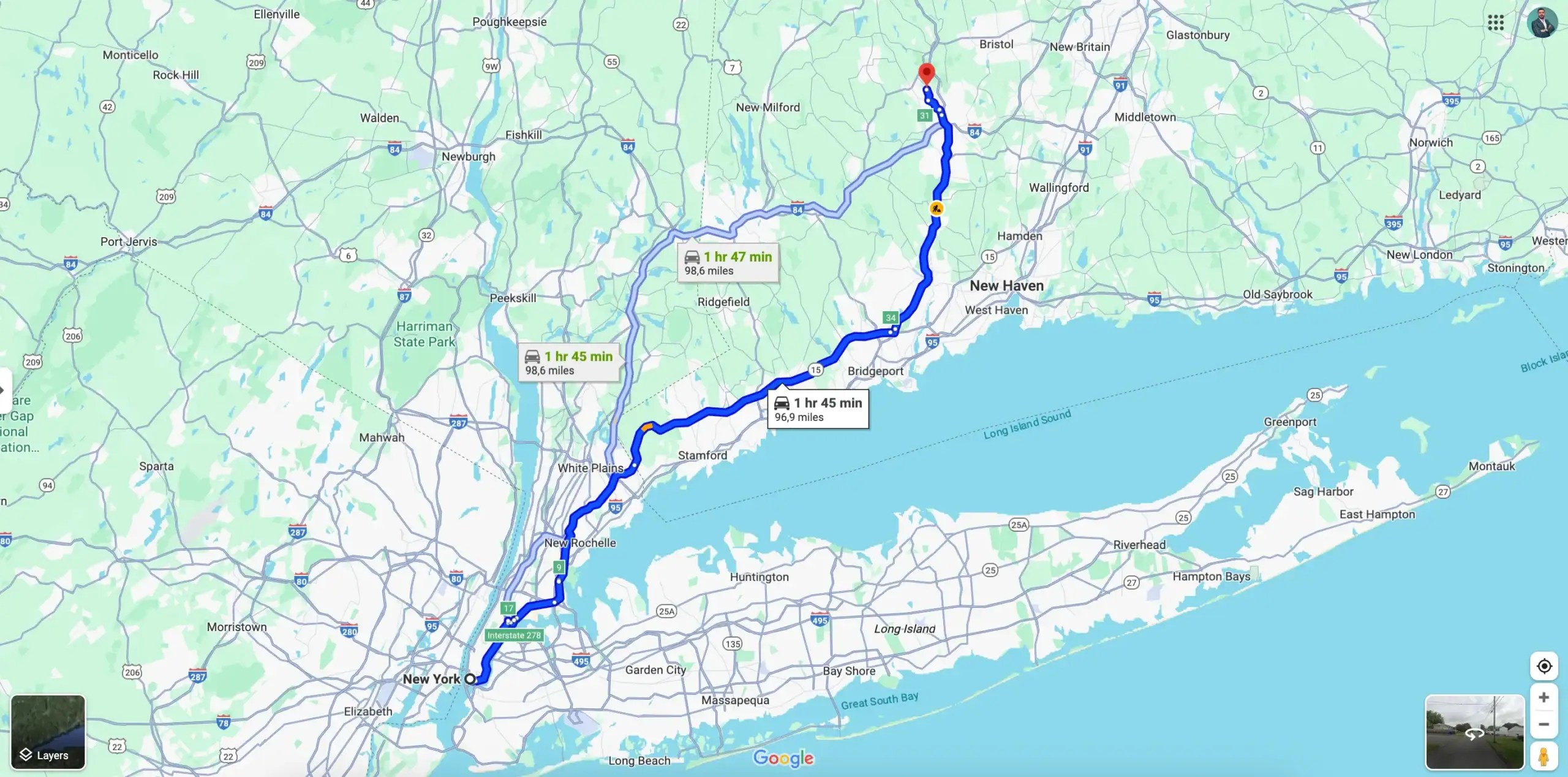 Google Map, showing how far is Connecticut from New York