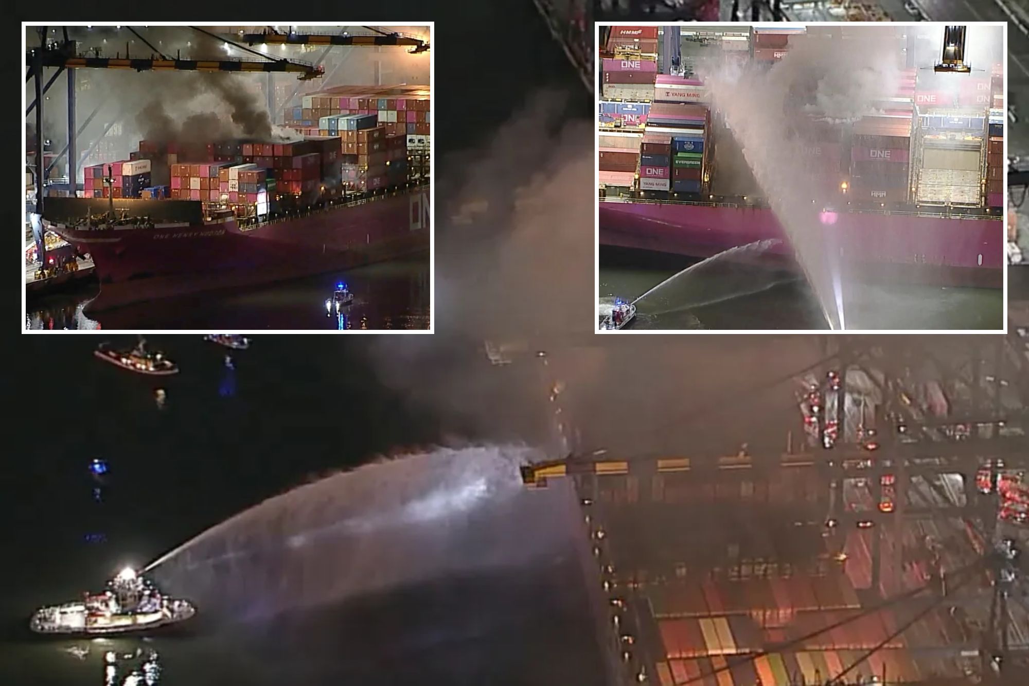 LA firefighters battle blaze on container ship carrying hazardous materials at port