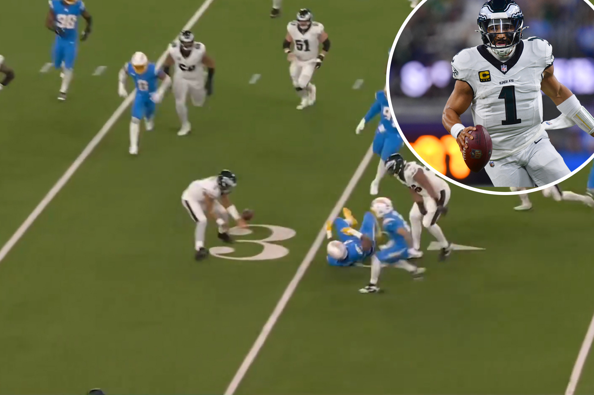 Jalen Hurts commits rare double-turnover during wild play in gaffe-filled Eagles-Chargers game