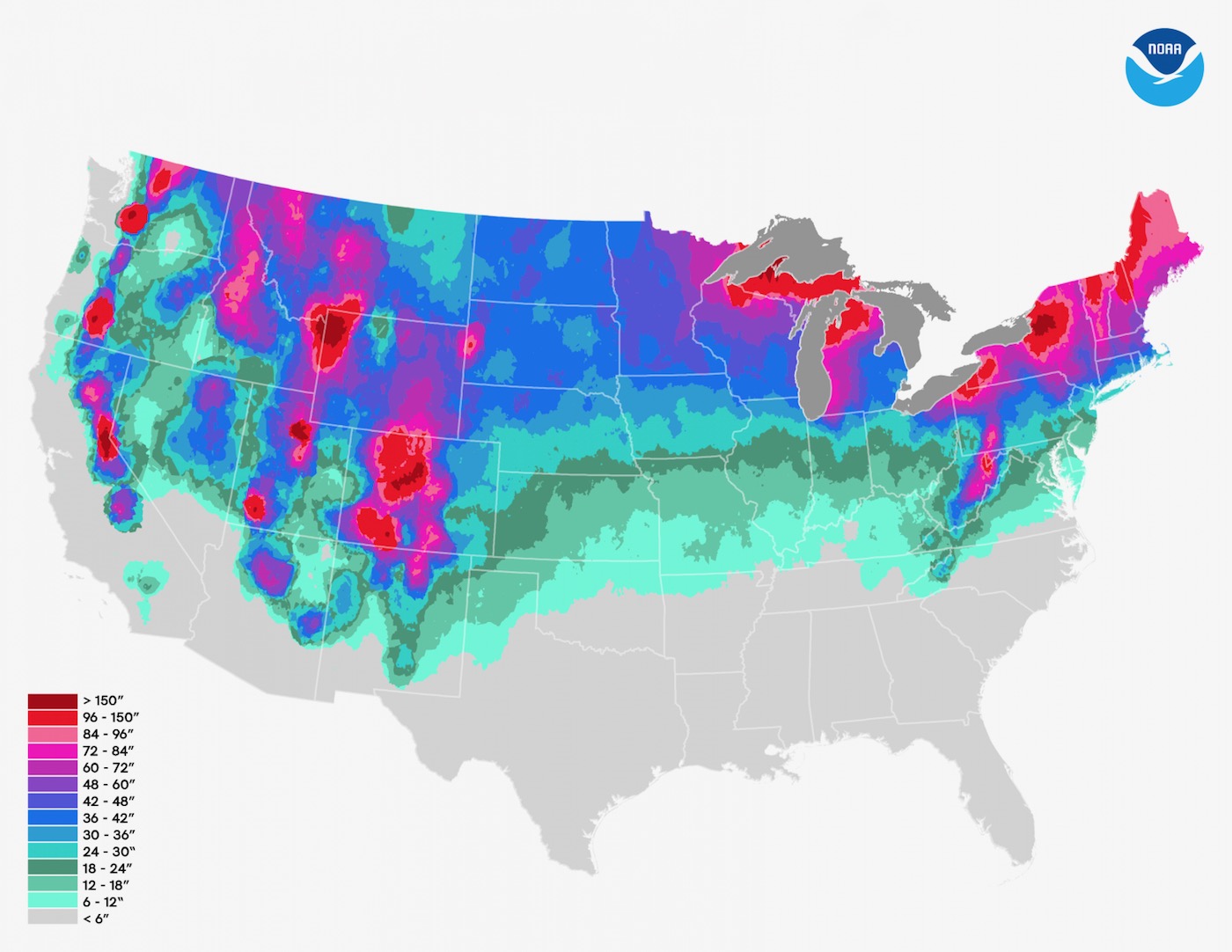 US Annual Snowfall Map NYSkiBlog Directory Us Average Annual Snowfall 