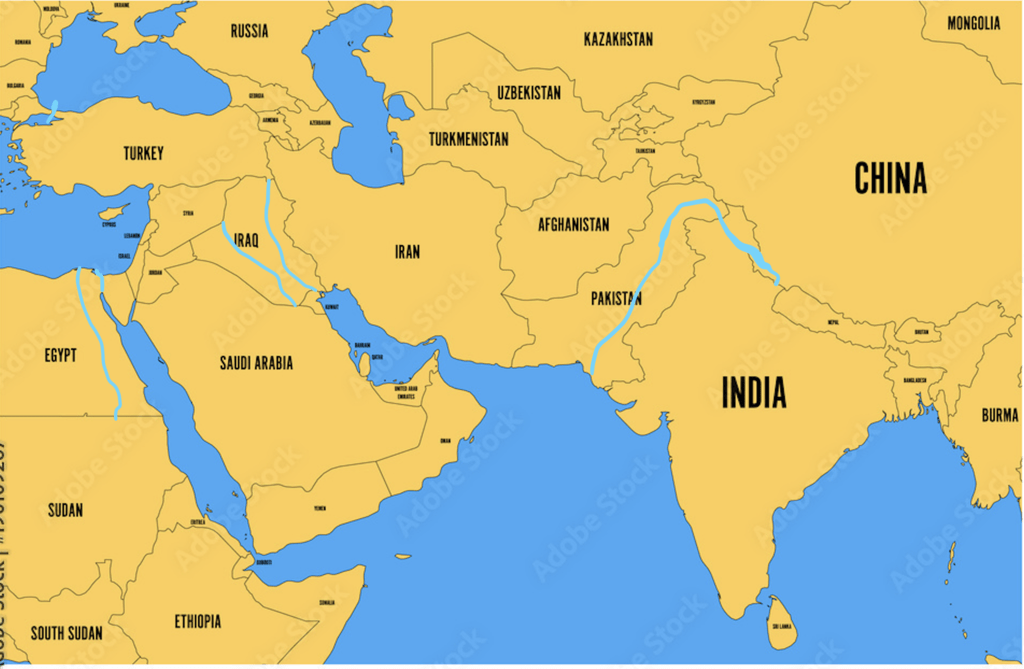 Map Of Mid East And South Asia Water Bodies Diagram Quizlet B 