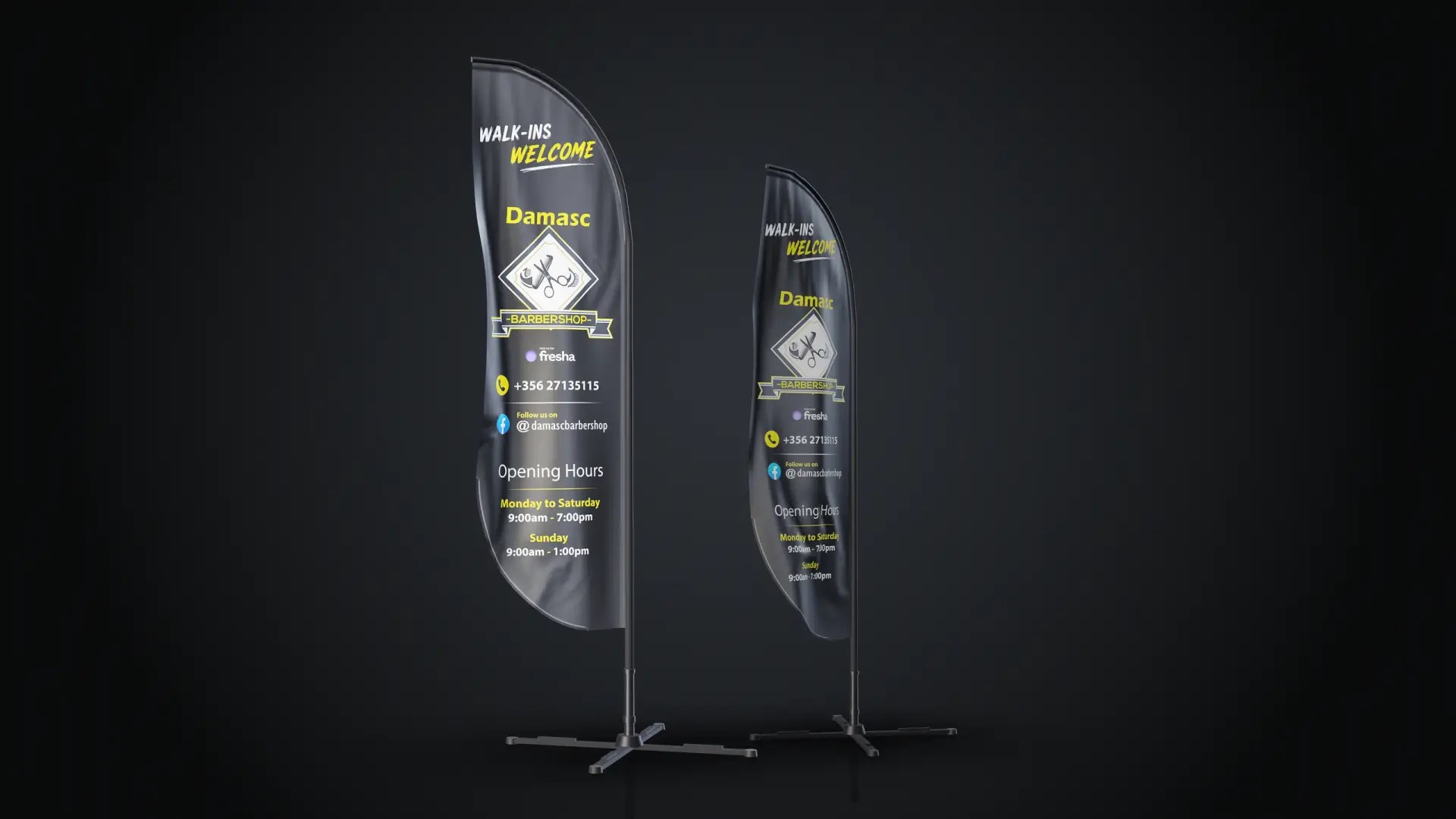 Two Damasc Barbershop black and yellow feather flags on poles, designed by OA Design Malta