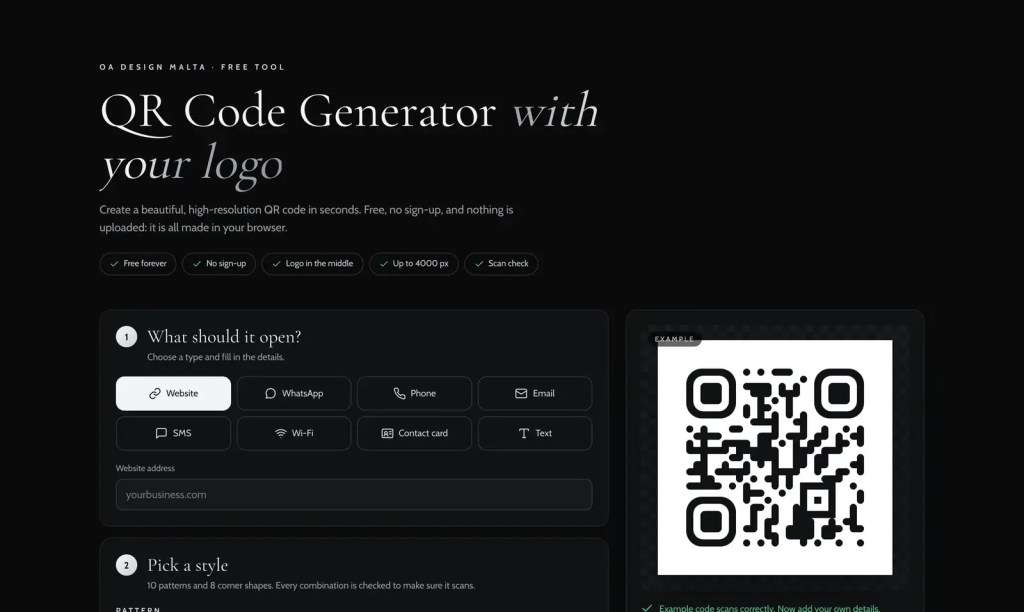 The free OA QR Code Generator with a live preview