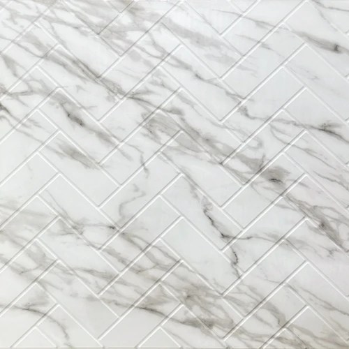 Herringbone MirroFlex glue-up PVC backsplash panel in marble finish