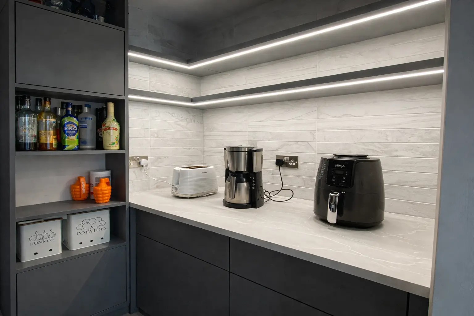 Bespoke fitted dark utility room with open shelving, LED strip lighting, countertop appliances and integrated storage – Oak Projects Ireland, Mullingar