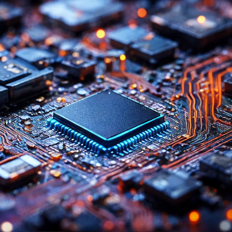 Close-up of a microcontroller mounted on a printed circuit board