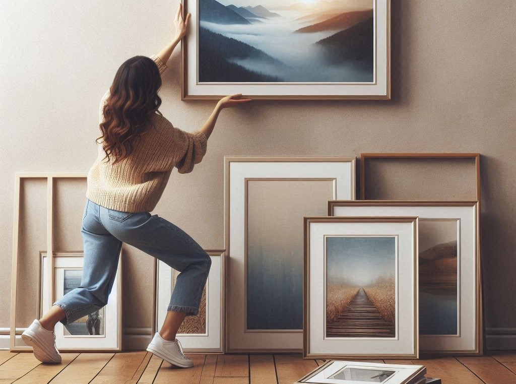 a woman hanging a picture on the wall with different frames on the floor leaning against the wall