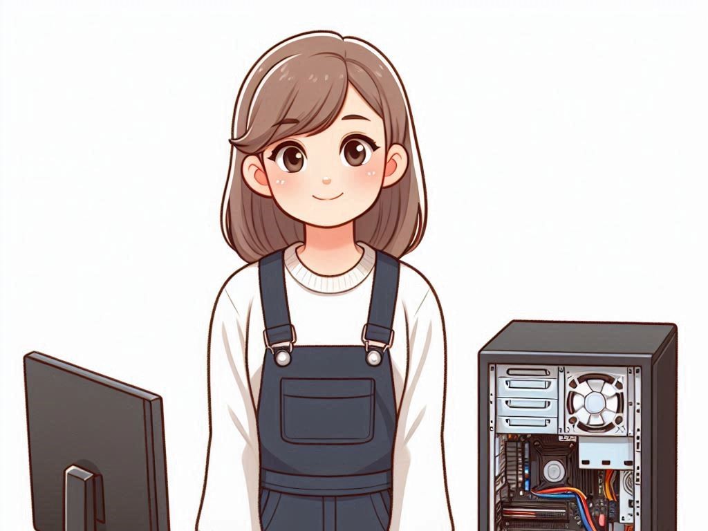 female technician in overalls between a workstation and a monitor