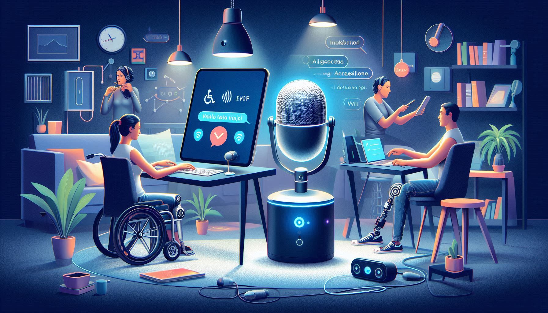 A room with several people using accessibility devices