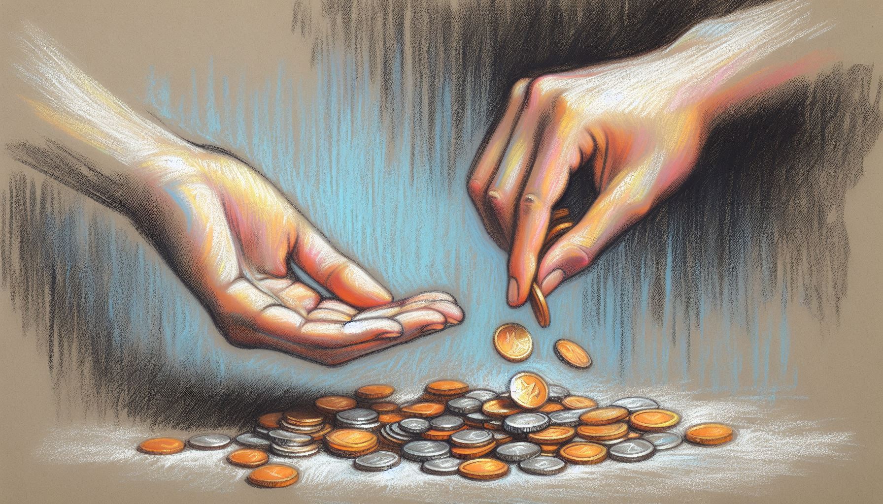 one hand dropping coins into another hand