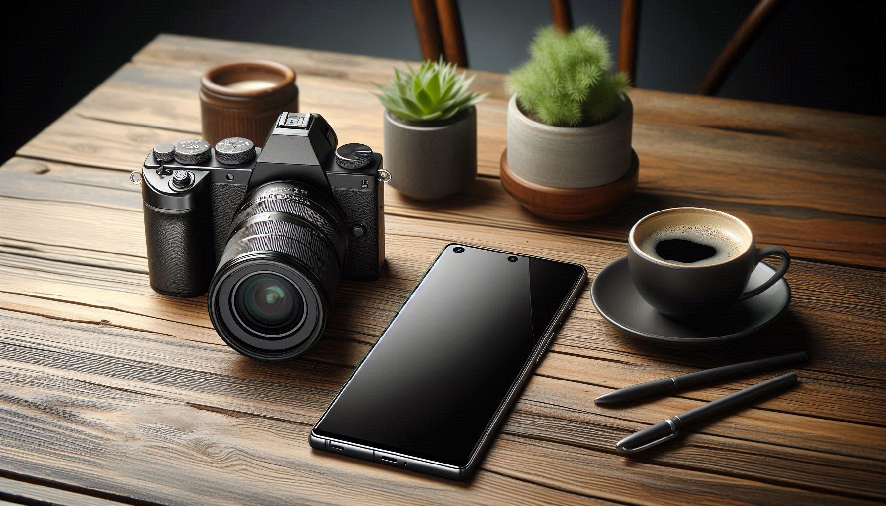 a traditional digital SLR camera and a smartphone on a table with a cup of coffee and two plants