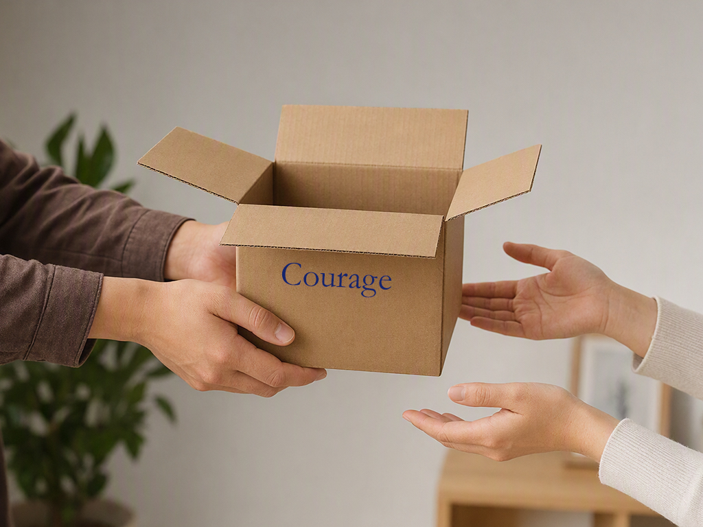 hands passing a box of courage to other hands