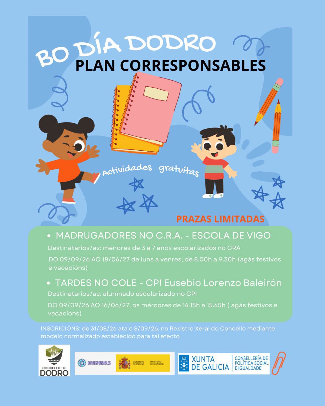 En Dodro, abertas ata este martes as inscricións para os programas Madrugadores e Tardes no Cole