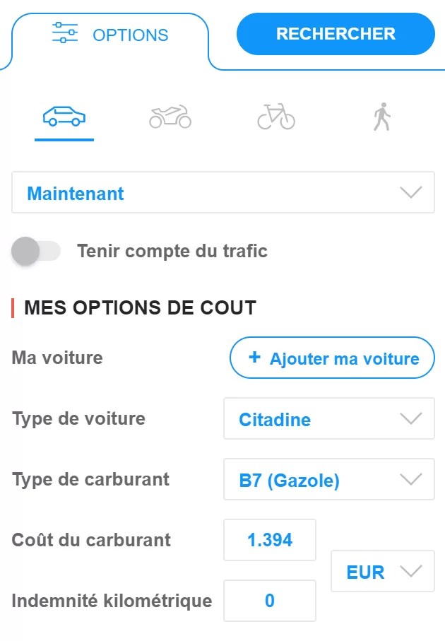 Capture d'écran du site viamichelin pour calculer combien de carburant on va dépenser