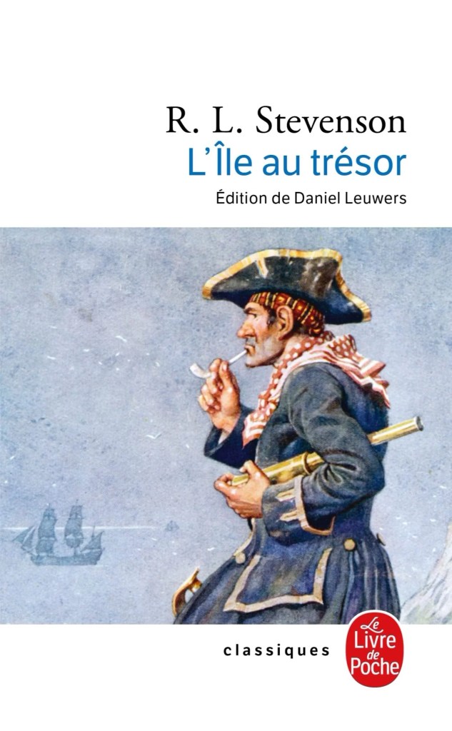 couverture du roman d'aventure "l'île au trésor" sur lequel on voit apparaître le capitaine