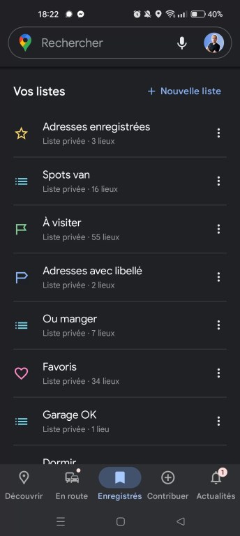 Listes sur Google Maps (capture d'écran)