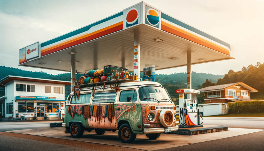 A bohemian-style camper van at a gas station, in a wide horizontal format for a Facebook photo post. The van is decorated in a colorful, bohemian style Un camping-car de style bohème à une station-service, dans un format horizontal large pour un post photo Facebook. La camionnette est décorée dans un style bohème et coloré.
