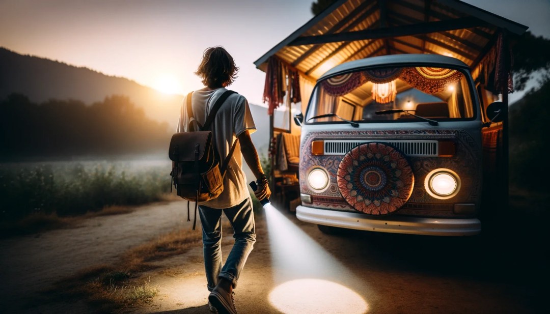 Une personne vue de dos, tenant une lampe de poche à la main, marchant devant un camping-car de style bohème