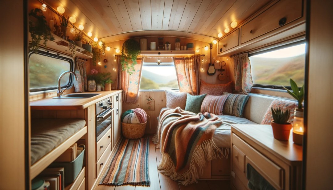 Interior of a bohemian, cozy camper van, in a wide horizontal format suitable for a Facebook photo post. The scene includes soft lighting, a small kit Intérieur d'un camping-car bohème et confortable, dans un format horizontal large adapté à un post photo sur Facebook. La scène comprend un éclairage doux, un petit kit