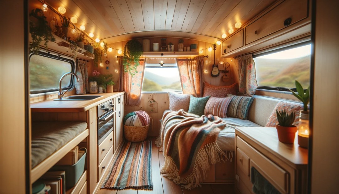 Intérieur d'un camping-car bohème et confortable, dans un format horizontal large adapté à un post photo sur Facebook. La scène comprend un éclairage doux, un petit kit