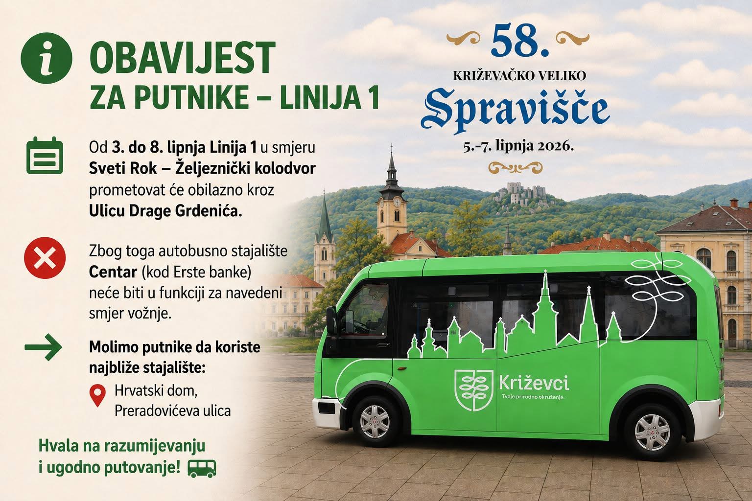 Linija 1 od 3. do 8. lipnja prometuje obilazno kroz Ul. Drage Grdenića
