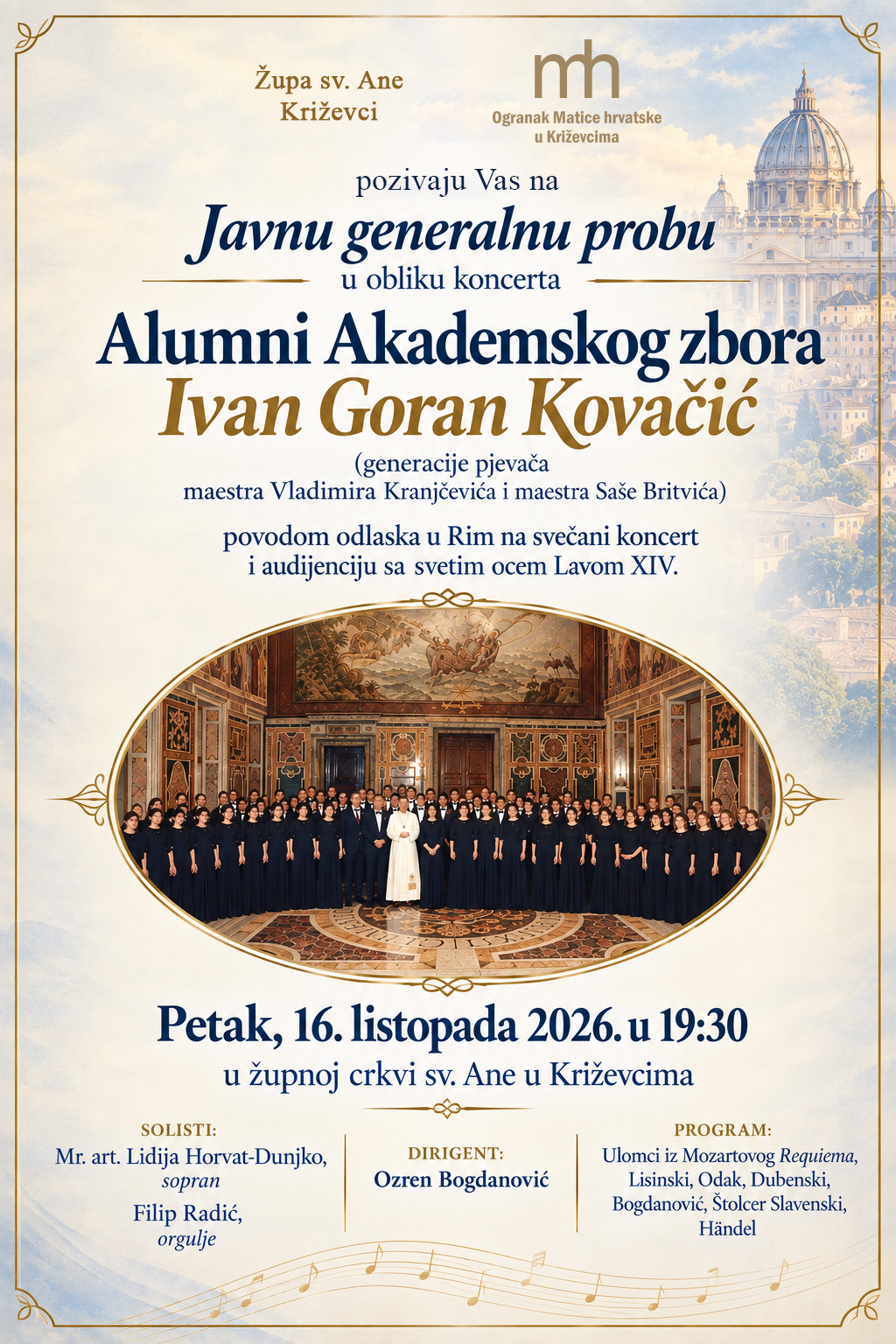 Alumnij Akademskog zbora “Ivan Goran Kovačić” održat će koncert u Križevcima uoči odlaska u Rim
