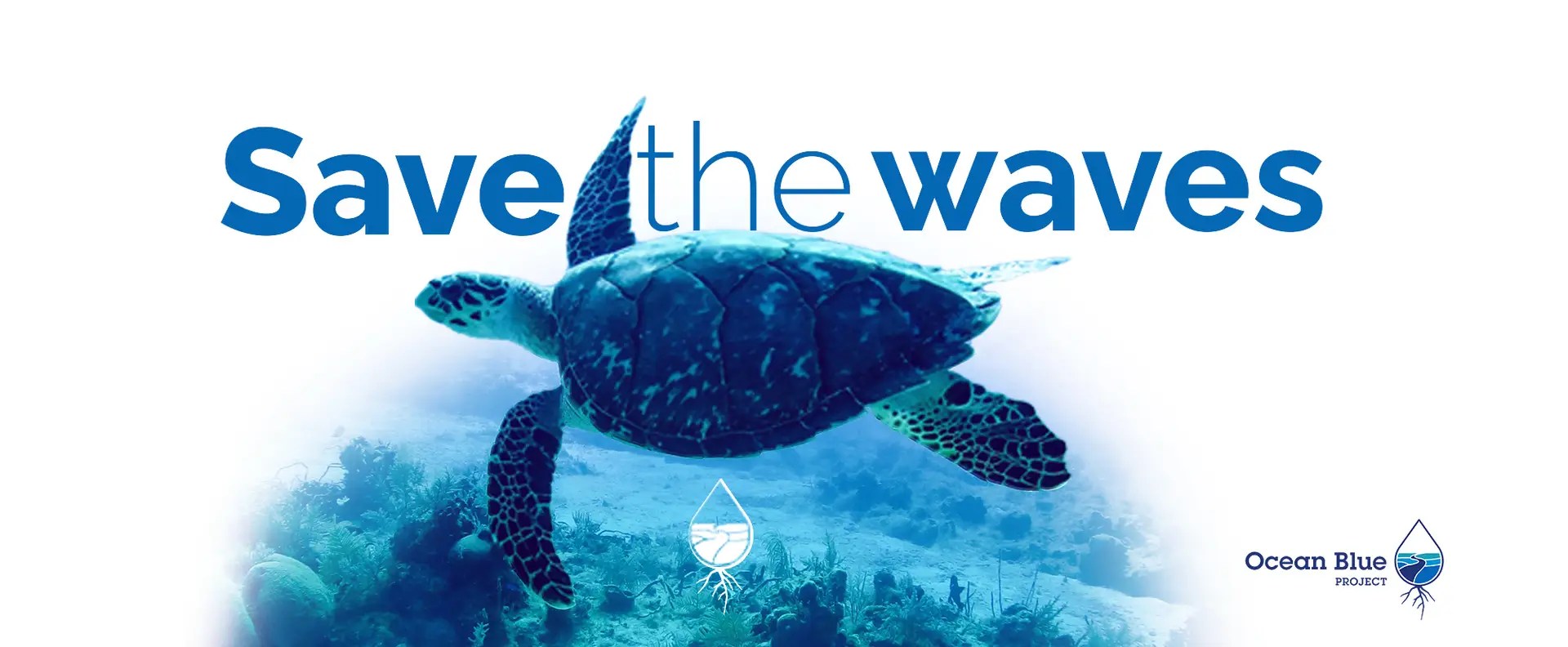 save-the-waves-ocean-blue-project banner image with turtle and Ocean Blue's logo.