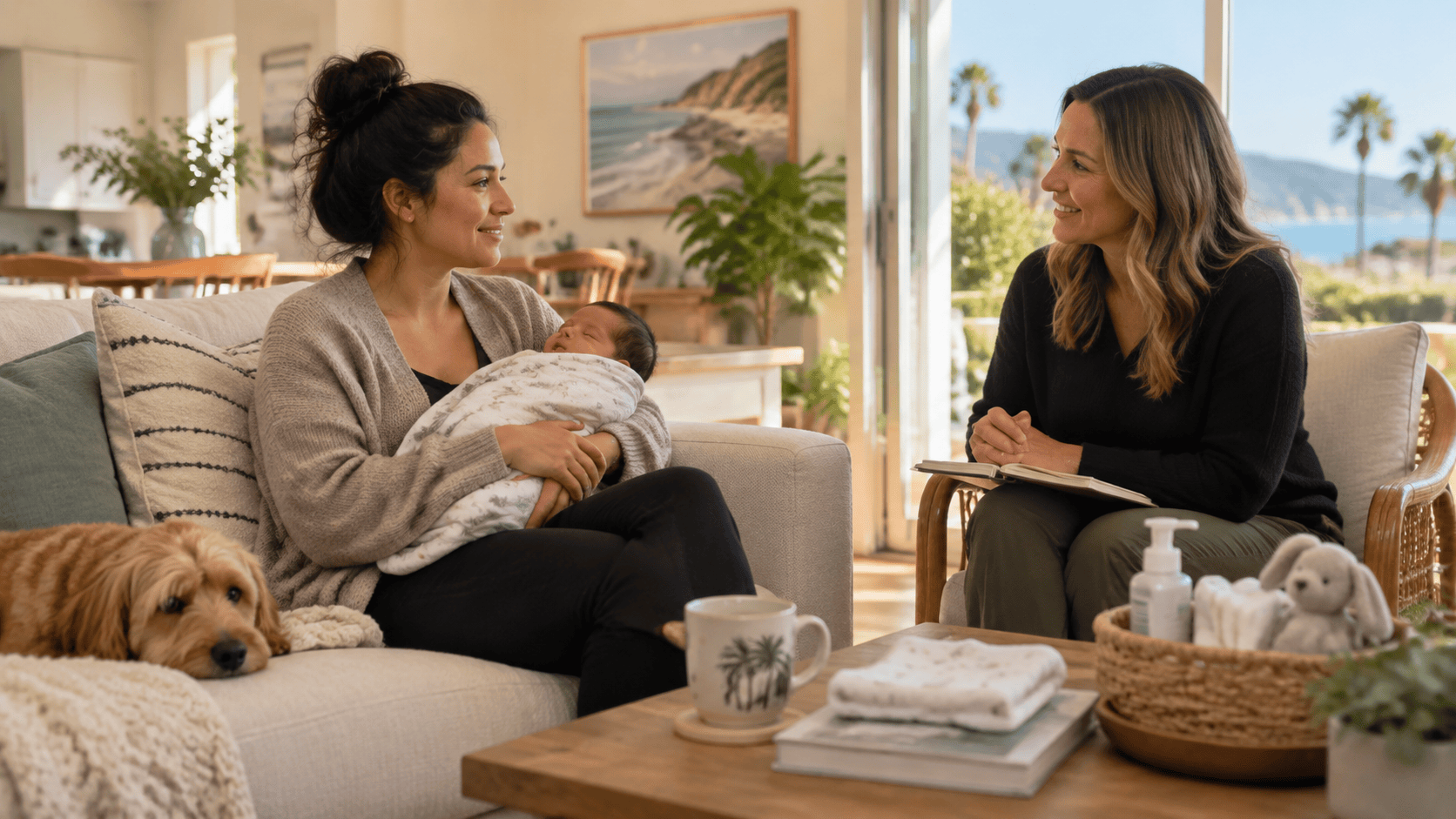 A new parent and baby receiving calm postpartum support at home in Orange County