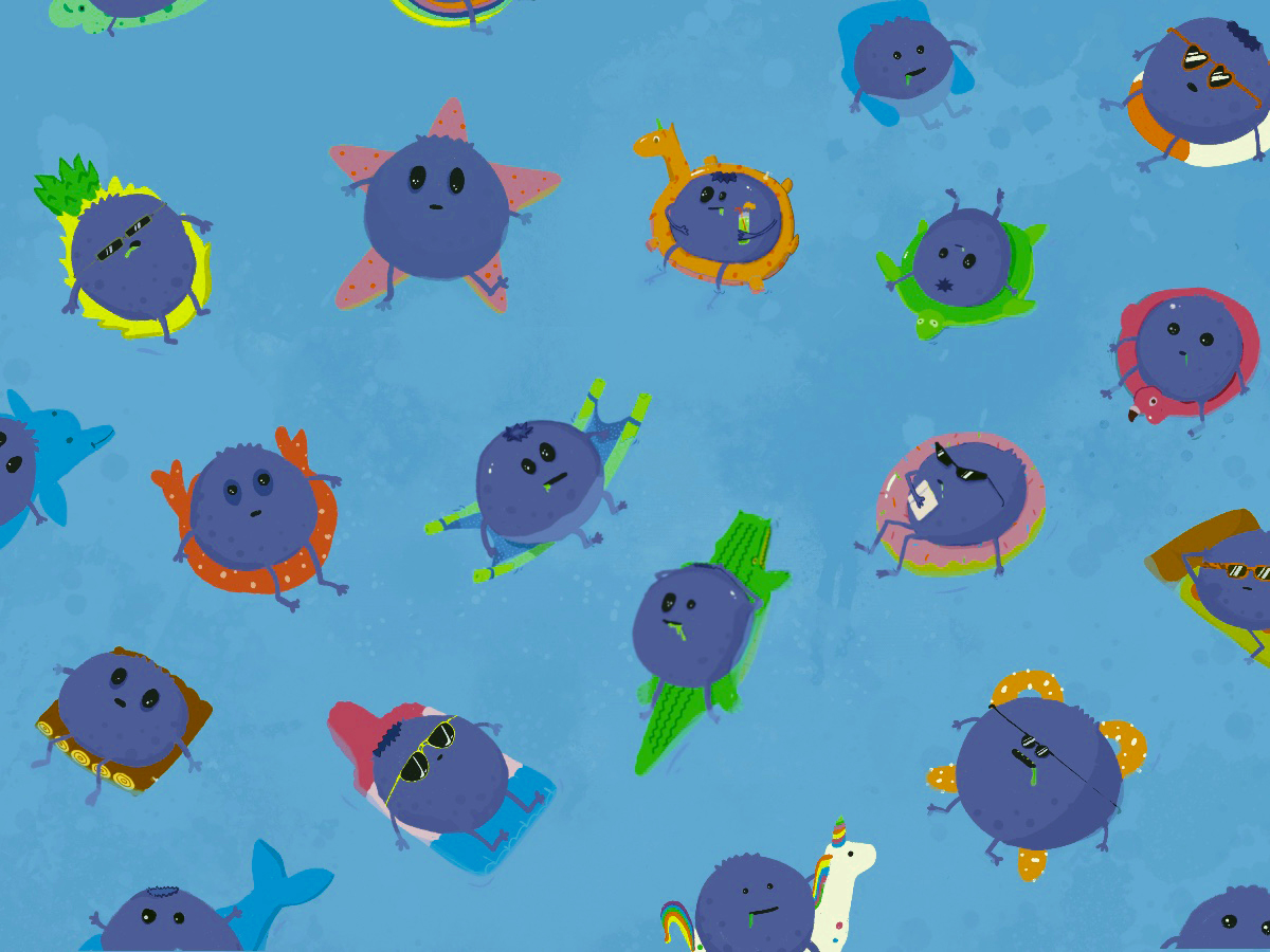 Drooling illustrated blueberries float in the pool
