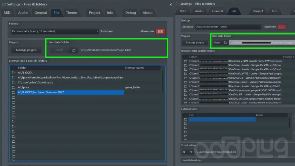User data settings in FL Studio