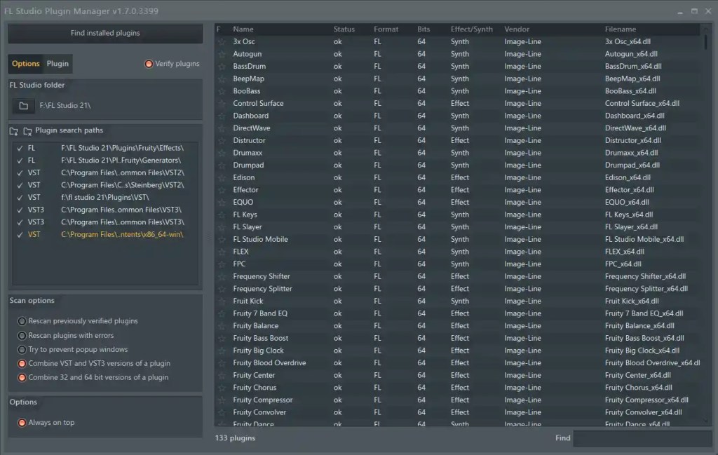 Plugin manager window in FL Studio