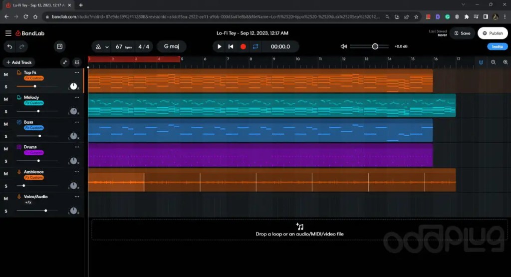 Composing music on BandLab opened on a Chrome browser