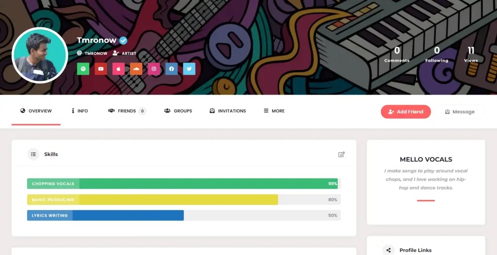 Artist profile page on Artist Hello website