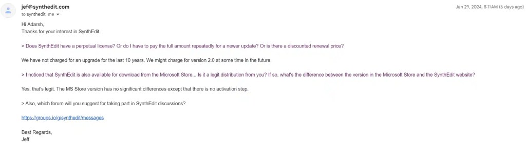 Conversation with Jeff from SynthEdit