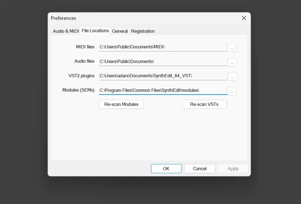 File location preferences in SynthEdit