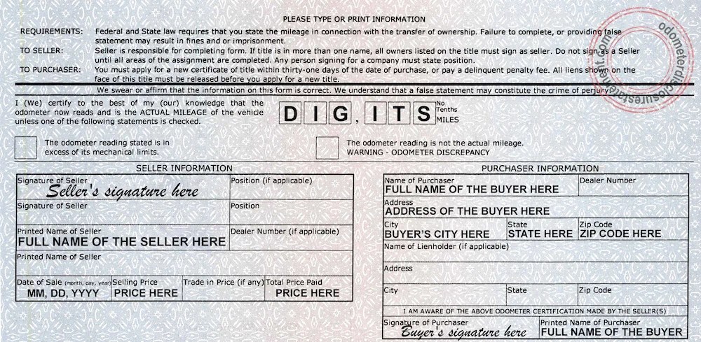 Indiana odometer disclosure statement