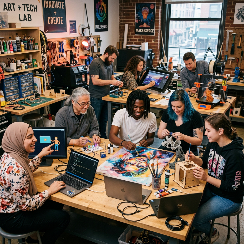 Group of individuals working together on art, electronics, coding, and 3D printing projects in a makerspace