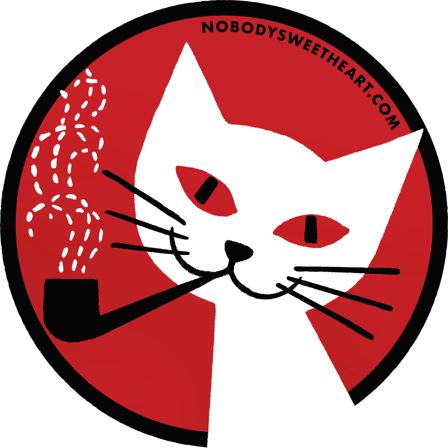 a graphic illustration of a white cat on a red background smoking a pipe