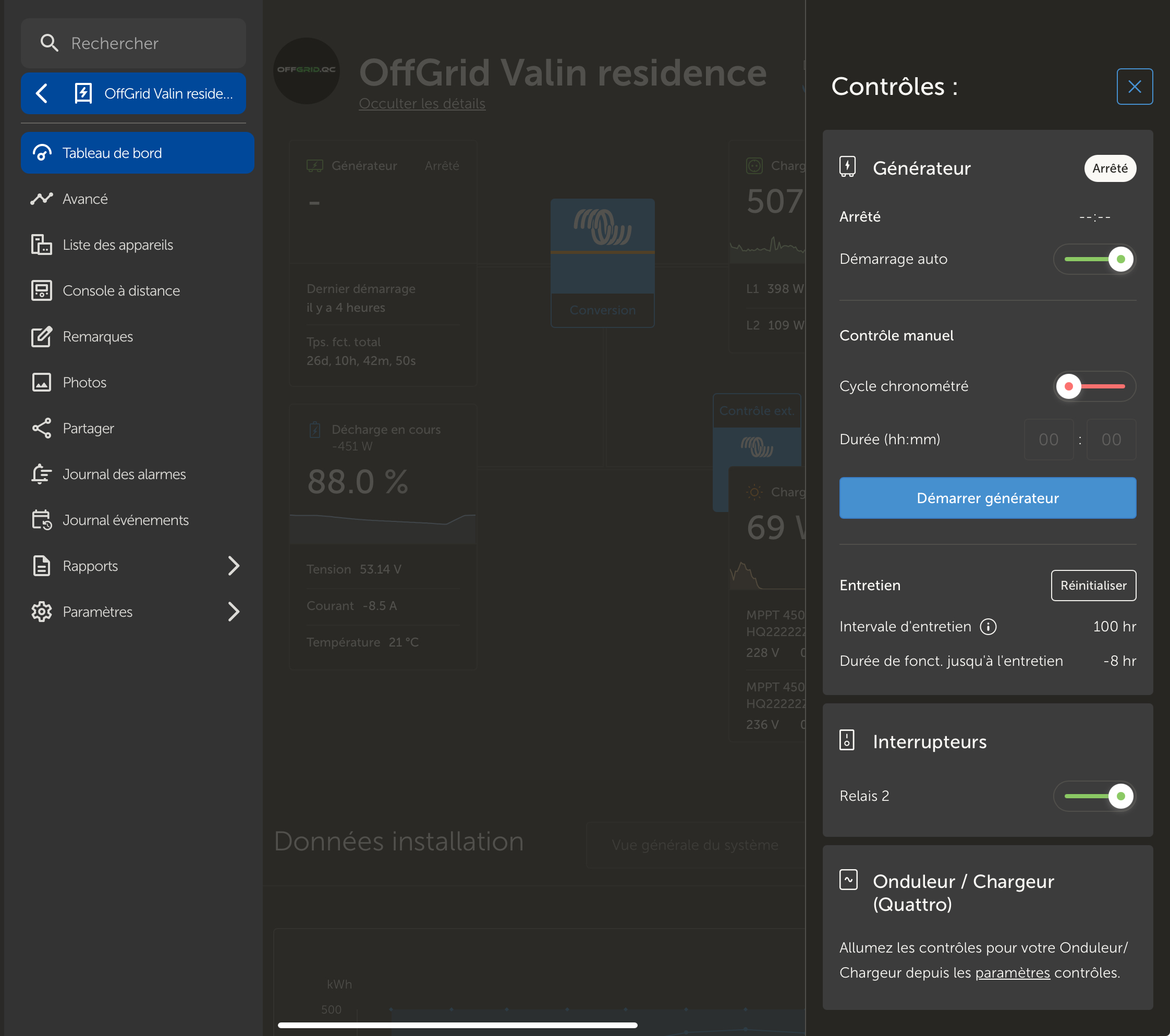 VRM — Onglet Générateur: gestion, démarrage/arrêt, programmation