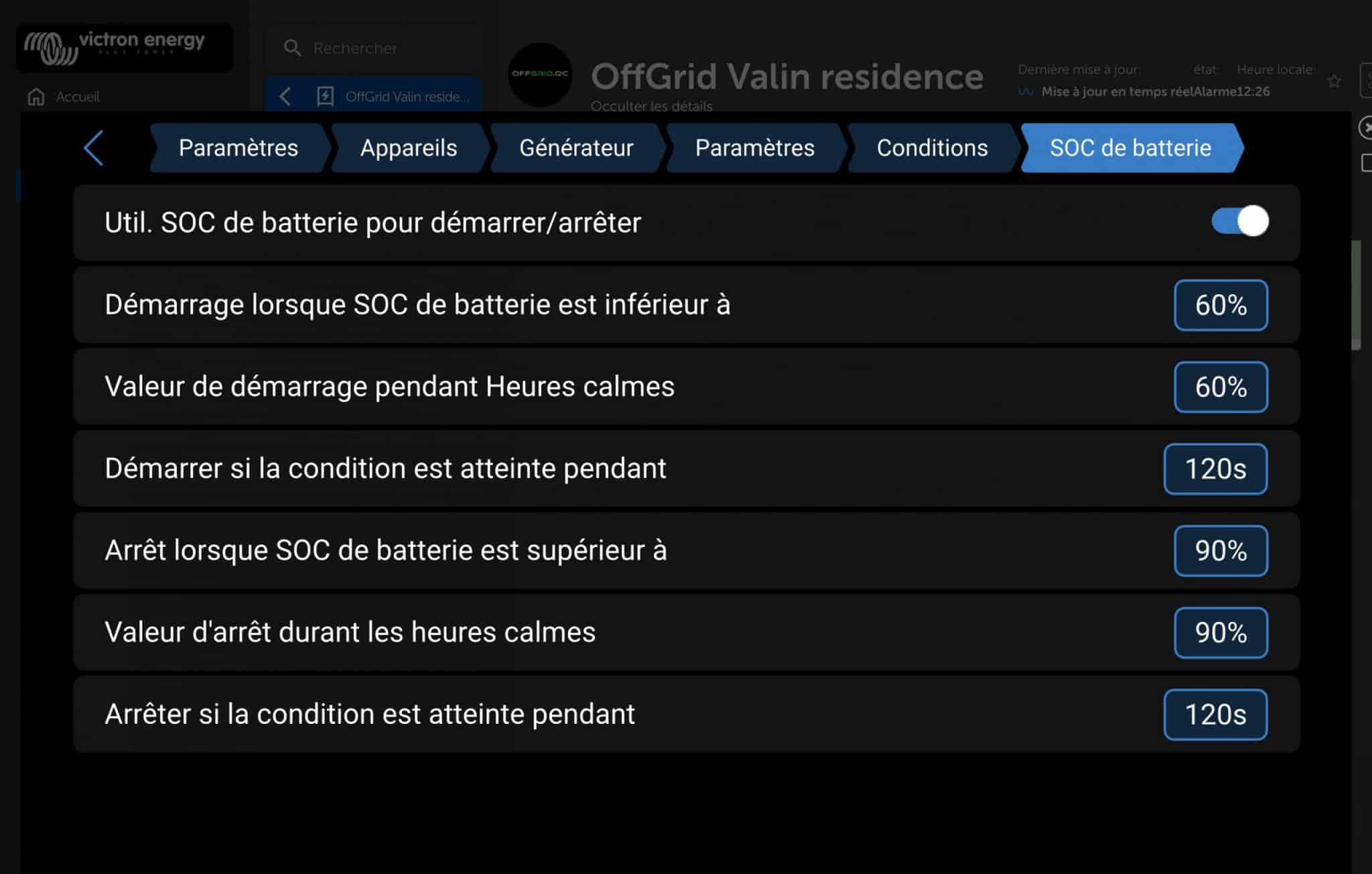 VRM — Configuration SOC automatique (démarrage 60%, arrêt 90%)